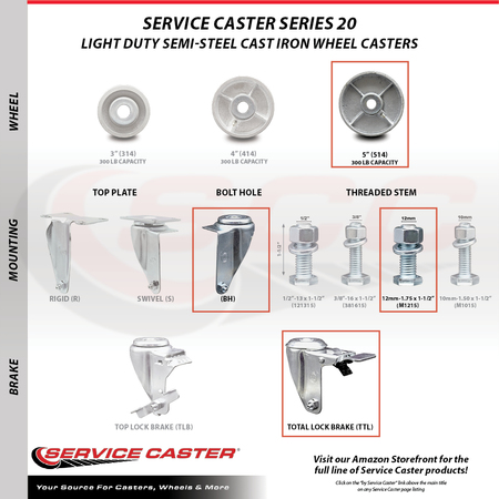 Service Caster 5 Inch Semi Steel Swivel 12mm Stem Caster with Total Lock Brake SCC SCC-TSTTL20S514-SSS-M1215